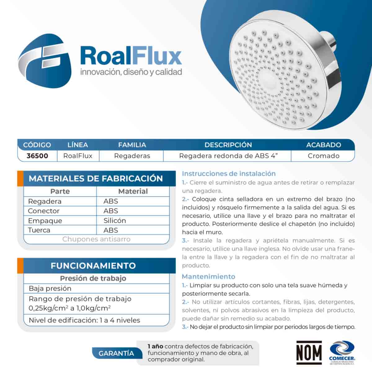 Regadera Redonda De ABS 4 Pulgadas Acabado Cromo Roalflux