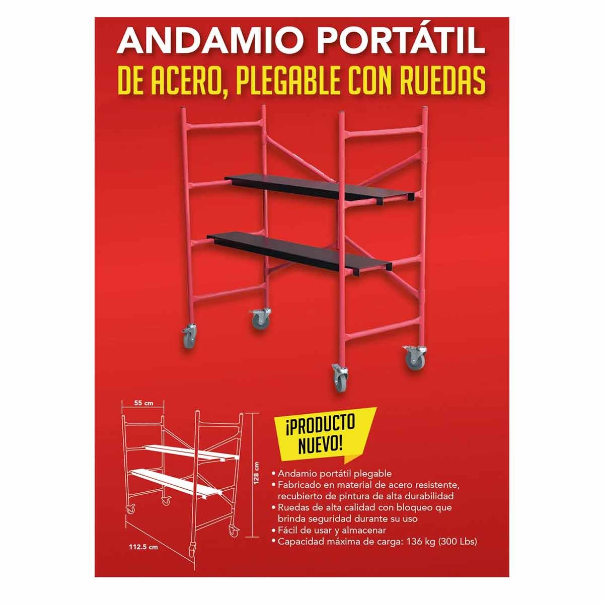 Andamio Plegable De Acero Con Ruedas Rojo BYP MAS15KG