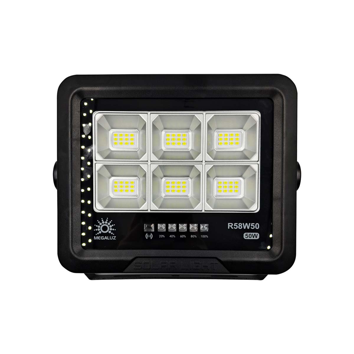 reflector led luminaria solar 50w 6500k control remoto negro frente