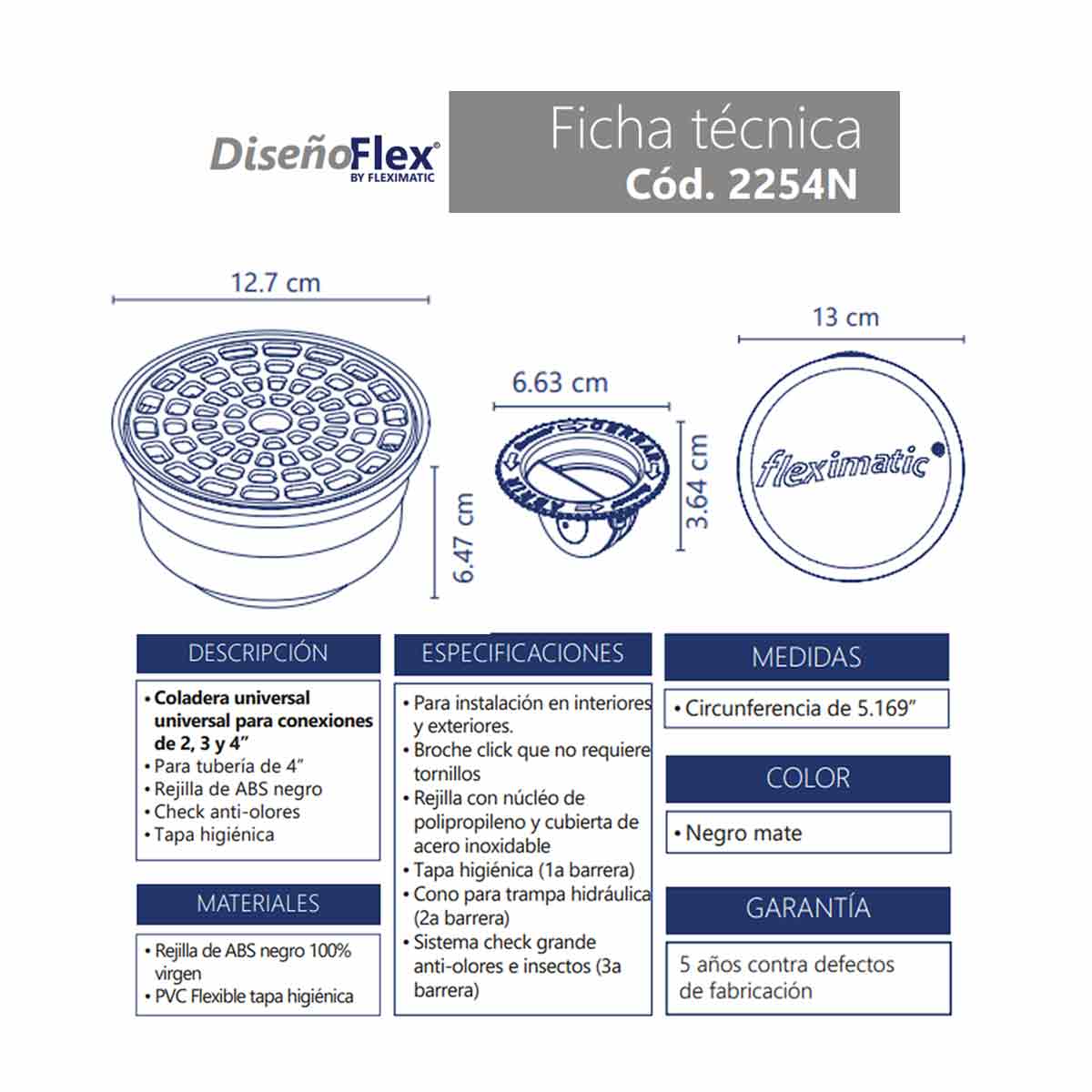 Coladera Universal Con Rejilla Tapa Higienica Antiolor Negro