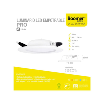 luminario led empotrable pro 12w blanco 3000k boomer ficha tecnica