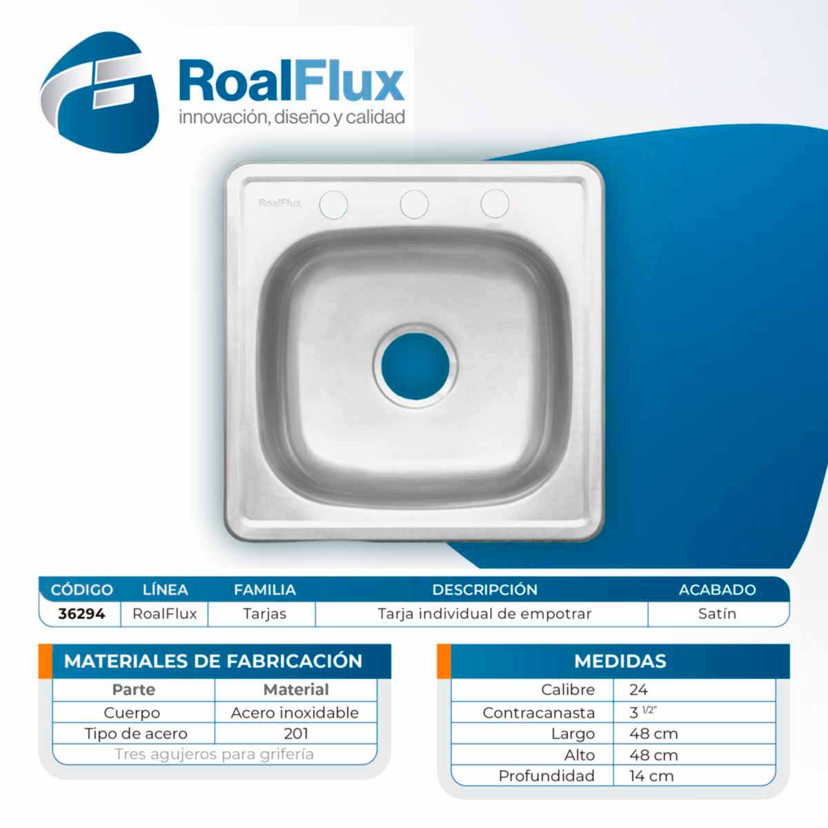 Tarja Sencilla Para Empotrar Calibre 24 48X48CM Acero Inoxidable Roalflux