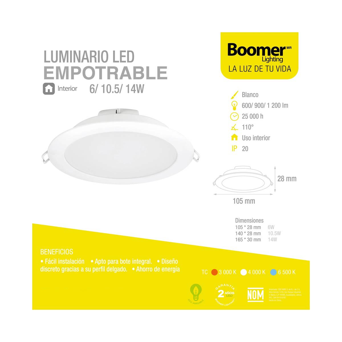 luminario led empotrable 10.5w 3000K ficha tecnica