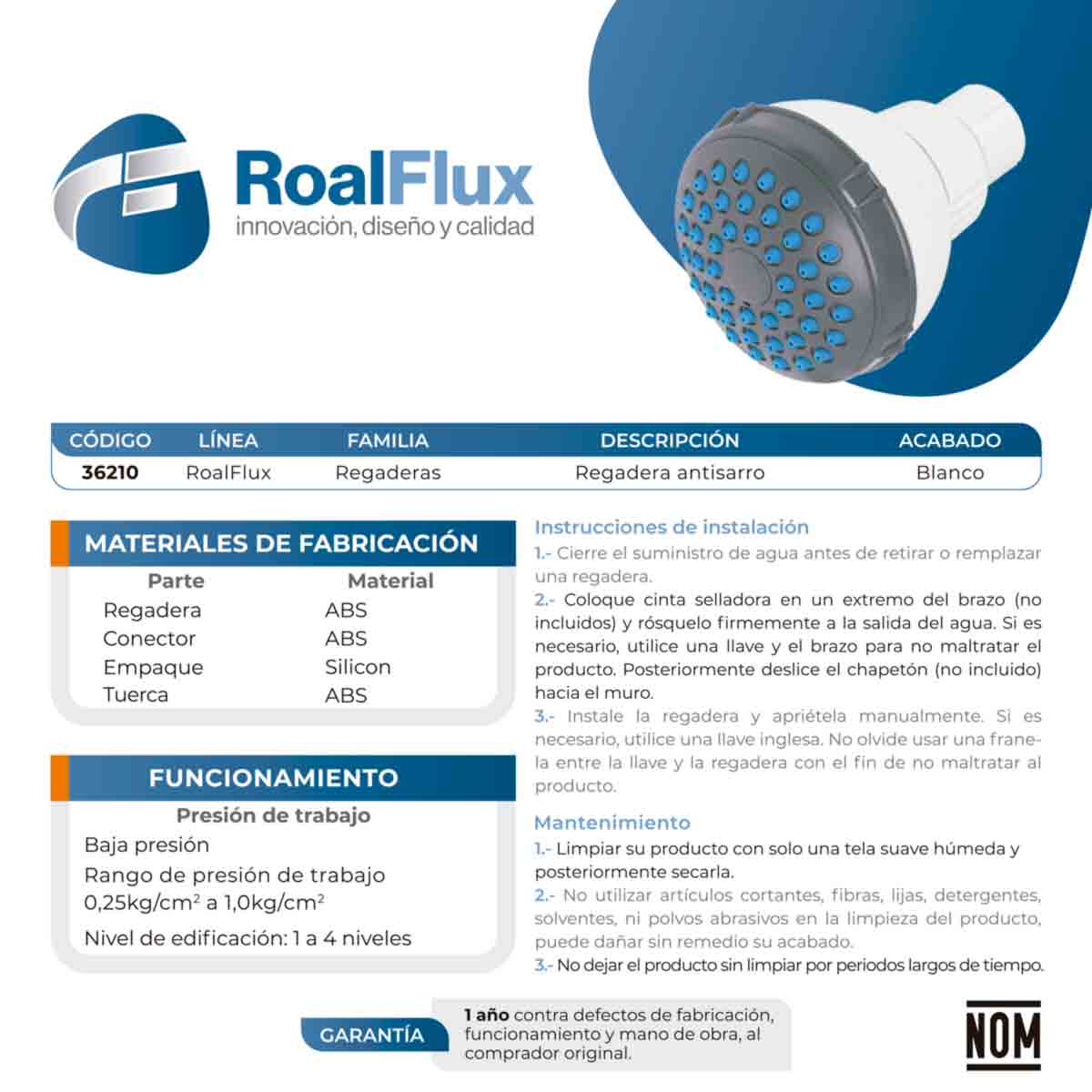 Regadera Con Sistema Antisarro Acabado Blanco Roalflux
