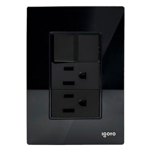 Placa Armada Cristal Con 1 Apagador Sencillo Y 2 Contactos de 1 Modulo Negro Igoto