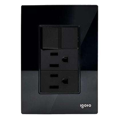 Placa Armada Cristal Con 1 Apagador Sencillo Y 2 Contactos de 1 Modulo Negro Igoto
