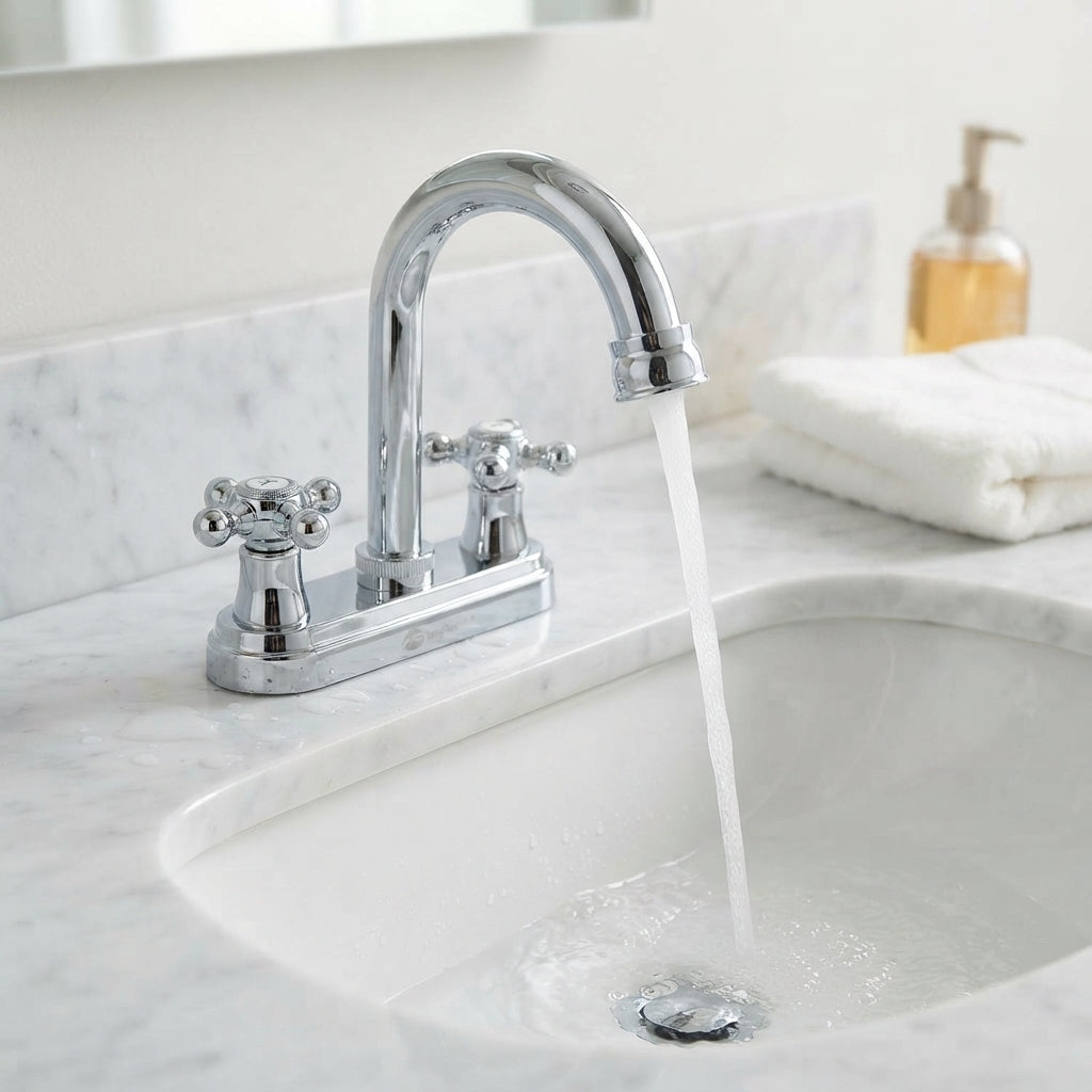 Mezcladora Para Lavabo 4" Con Cubierta Y Manerales Cuerpo Acero Inoxidable Roalflux