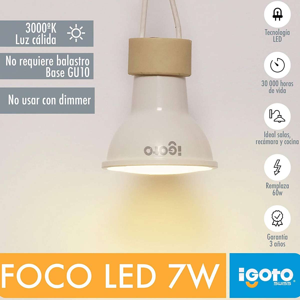 Foco Led GU10 7W (60W) 3000K Luz Calida Igoto 3 Piezas IGOTO Ferreabasto