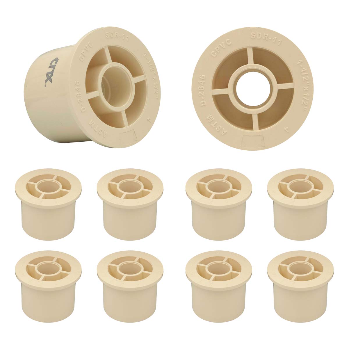 10 Pzs Reduccion Bushing De Cpvc 1 1/2 X 1/2 Pulgada Crema CNX Ferreabasto