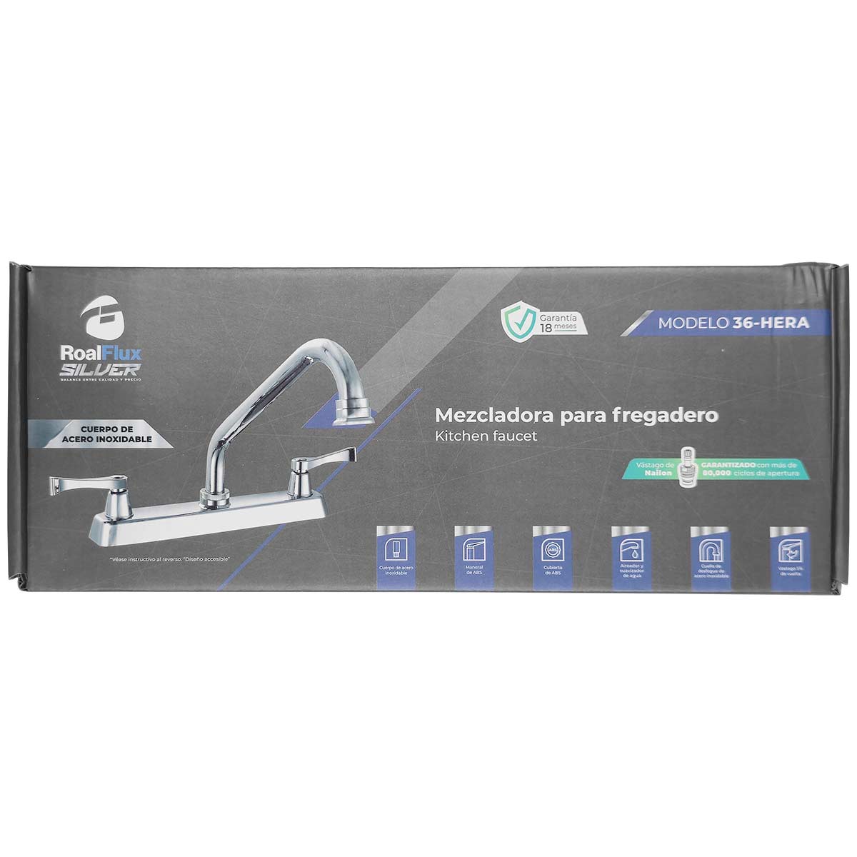 Mezcladora Para Fregadero 8" Cuello Acero Inoxidable Con Cubierta Y Manerales ABS Roalflux