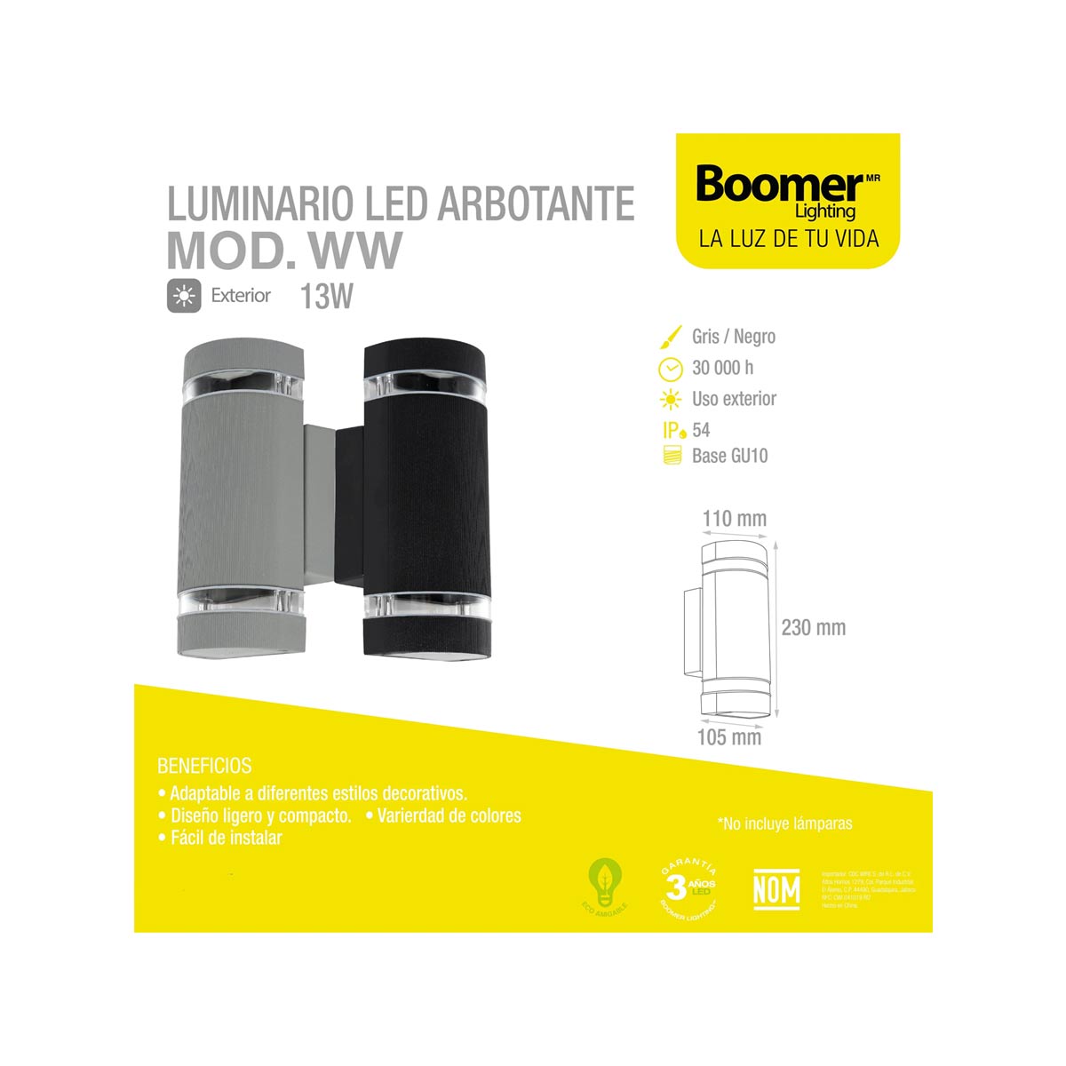 Luminario Led Arbotante De Pared Negro 13W IP54