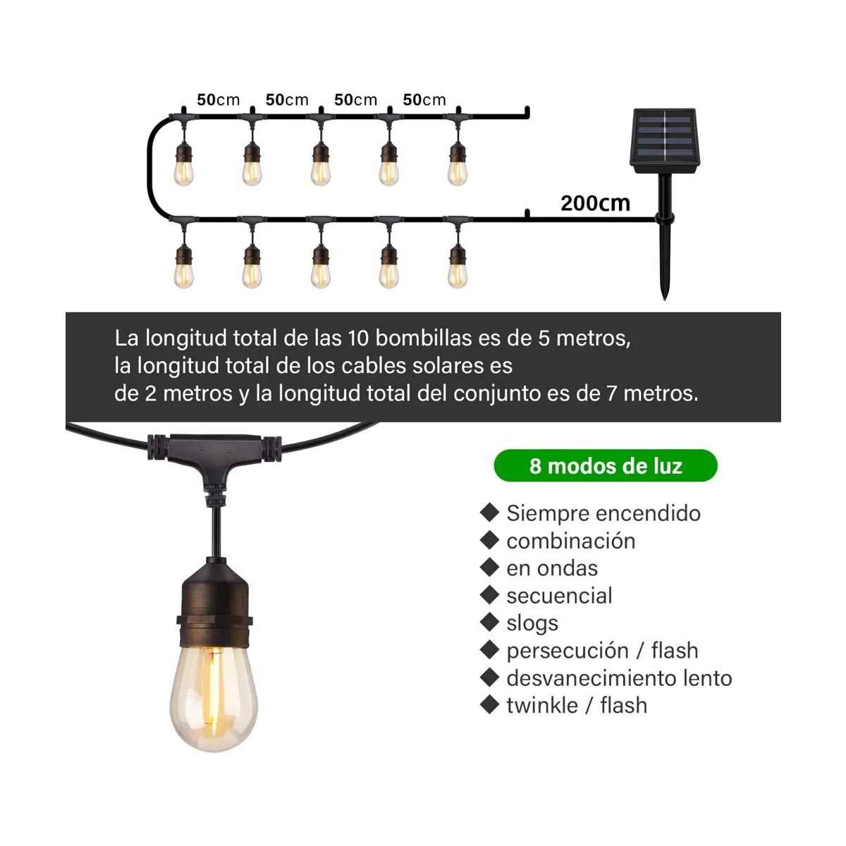 Serie 10 Luces Led Exterior Con Panel Solar 7m 10W 2700K