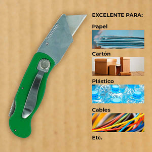 Cutter Navaja Plegable Mango De Aluminio Con Clip Verde