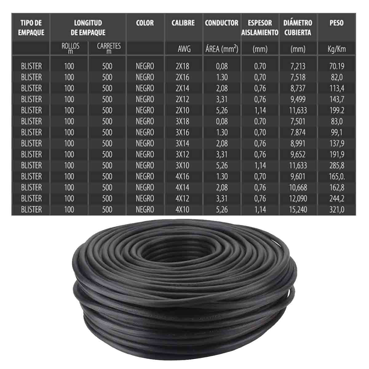 Cable Uso Rudo St 4x16 Negro 100% Cobre 600V Nom 1M Cdc