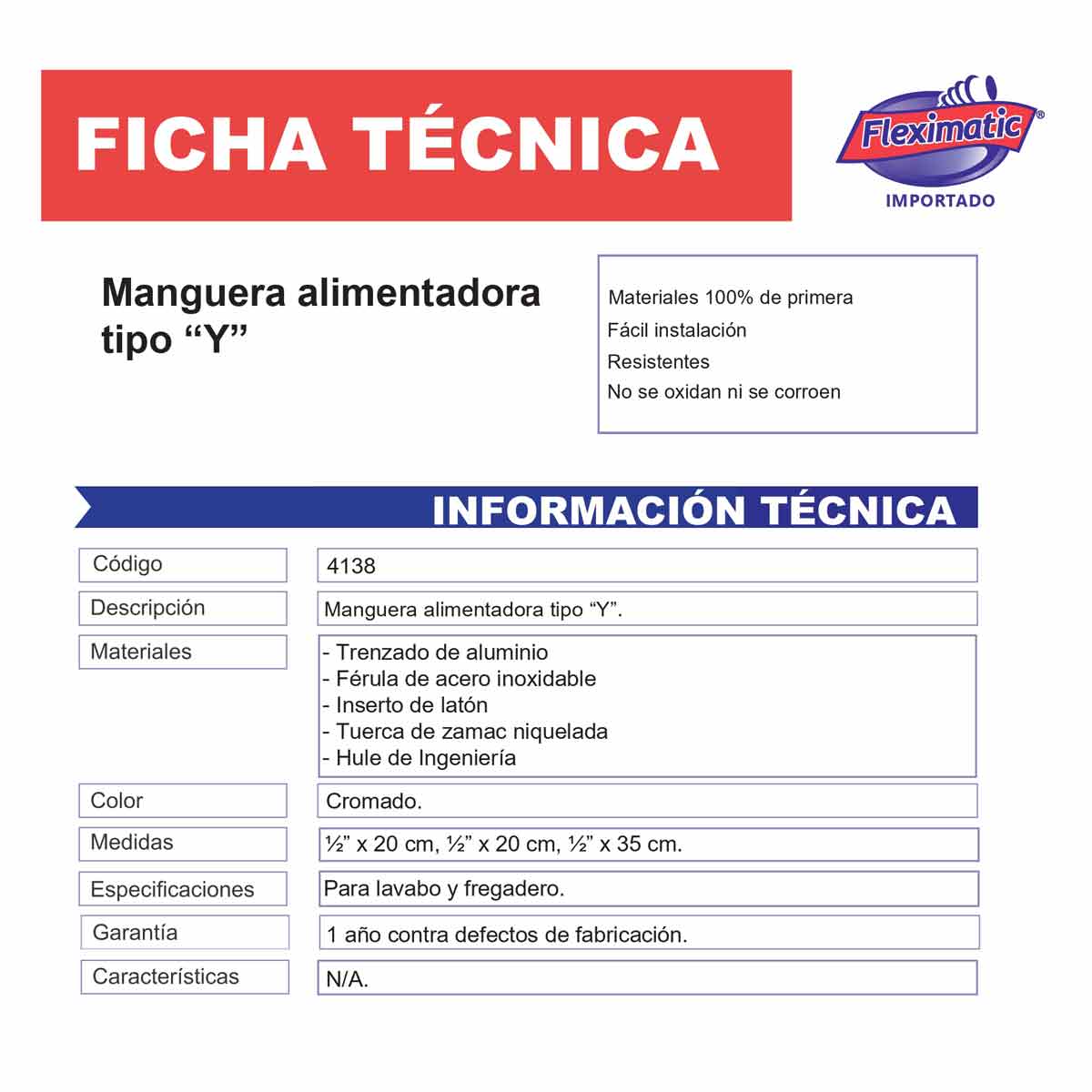 Ficha tecnica de Manguera Alimentadora tipo y