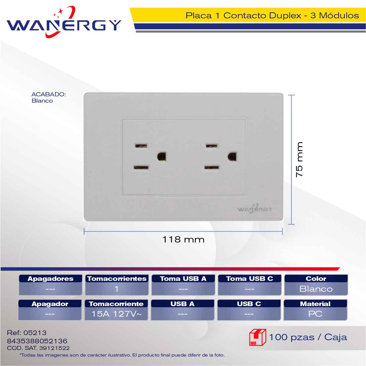Placa Armada Con Contacto Duplex De 1.5 Modulos Blanco WANERGY Ferreabasto