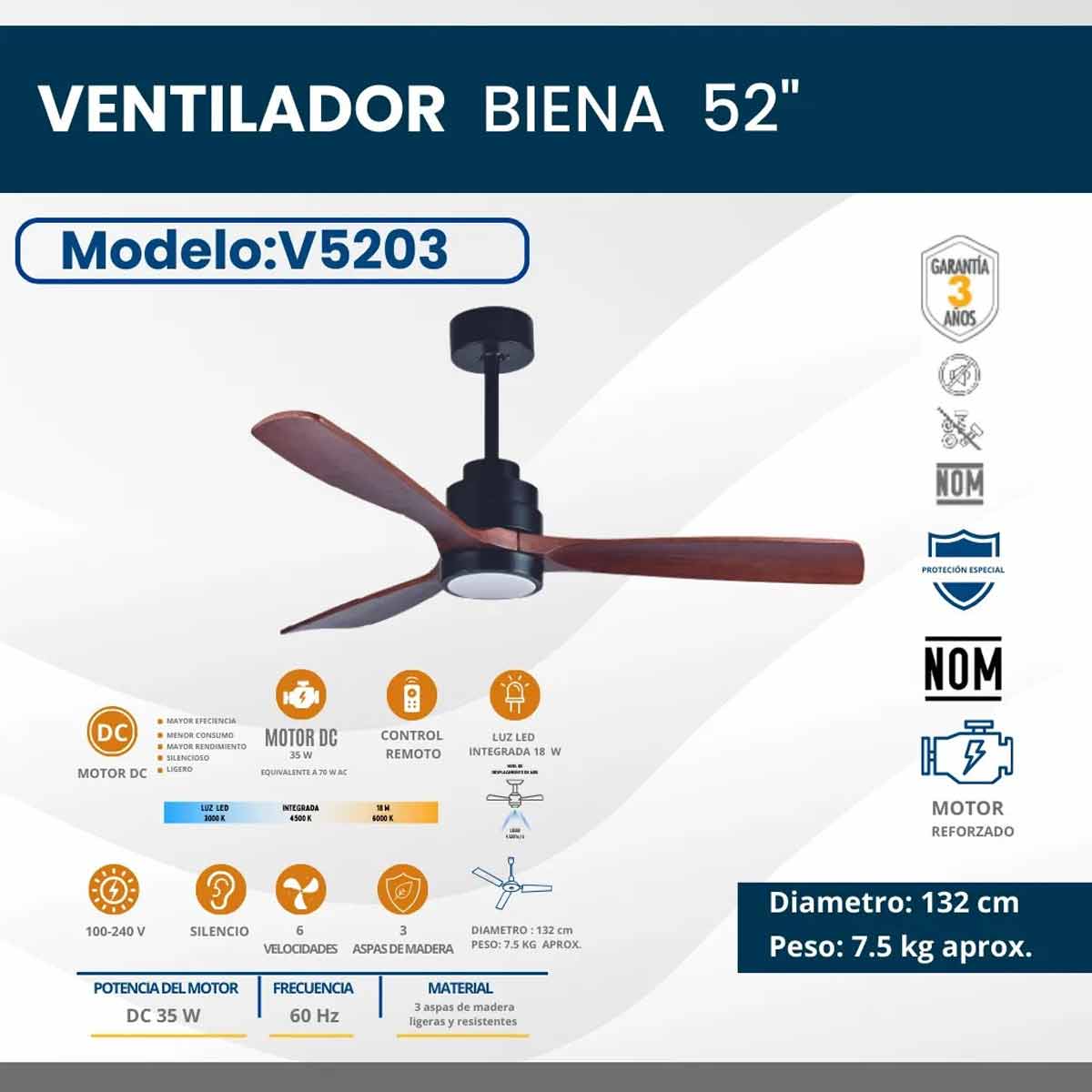 Ventilador De Techo Decorativo 52 Pulgadas Biena 35W Con Luz 3 Aspas Igoto