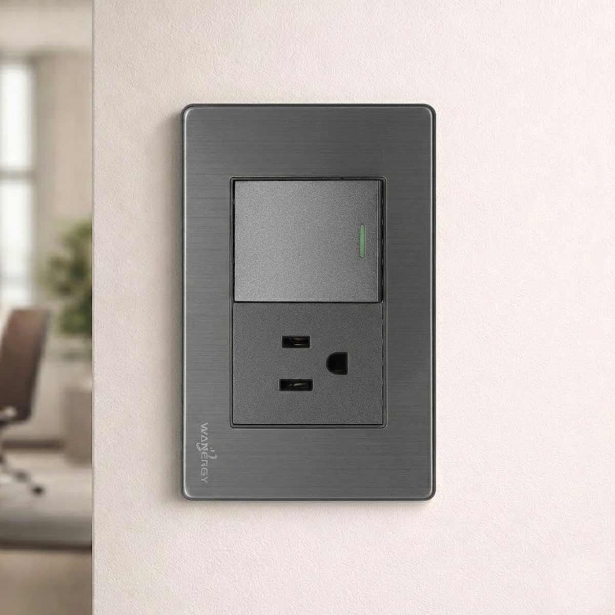 Placa Armada Con 1 Apagador Sencillo Y 1 Contacto De 1.5 Modulos Acero Inox