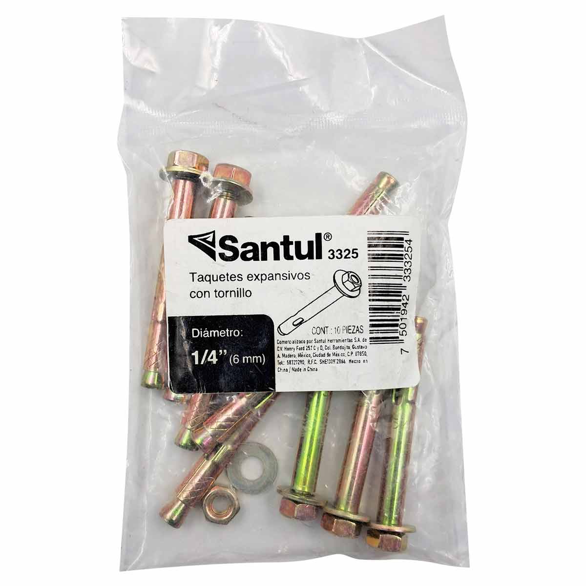 Bolsa Con 10 Pzs Taquete Expansivo C/ Tornillo 1/4Pulg Acero