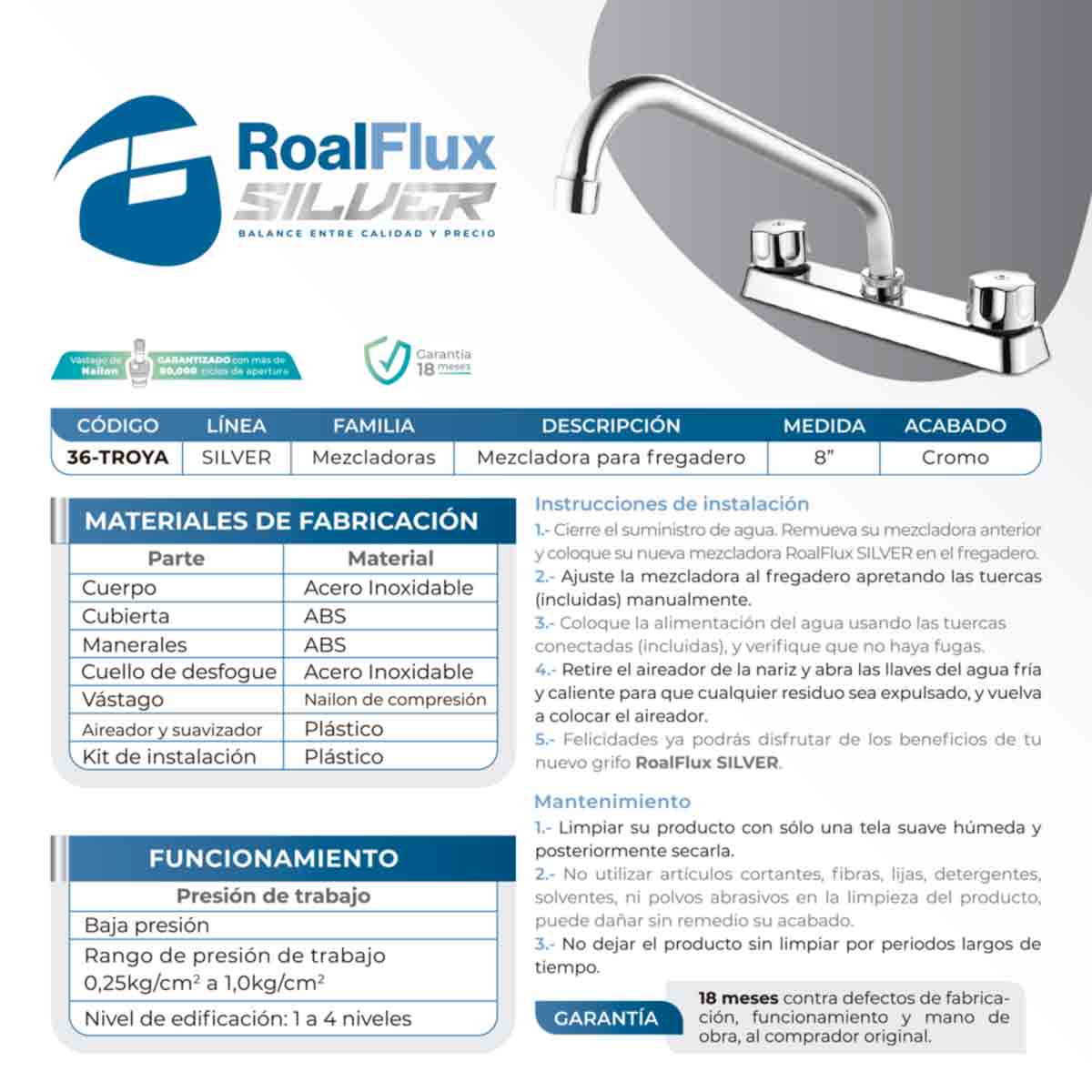 Mezcladora Para Fregadero 8" Cuerpo Acero Inoxidable Con Cubierta Y Manerales ABS Cromado Roalflux