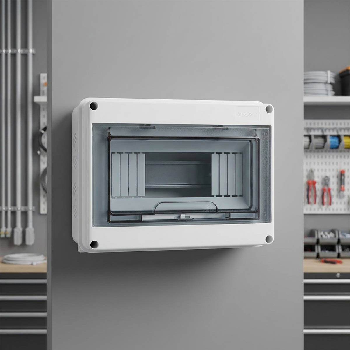 Caja Sobreponer Riel Policarbonato 6-8 Ventanas 240V 100A 60Hz