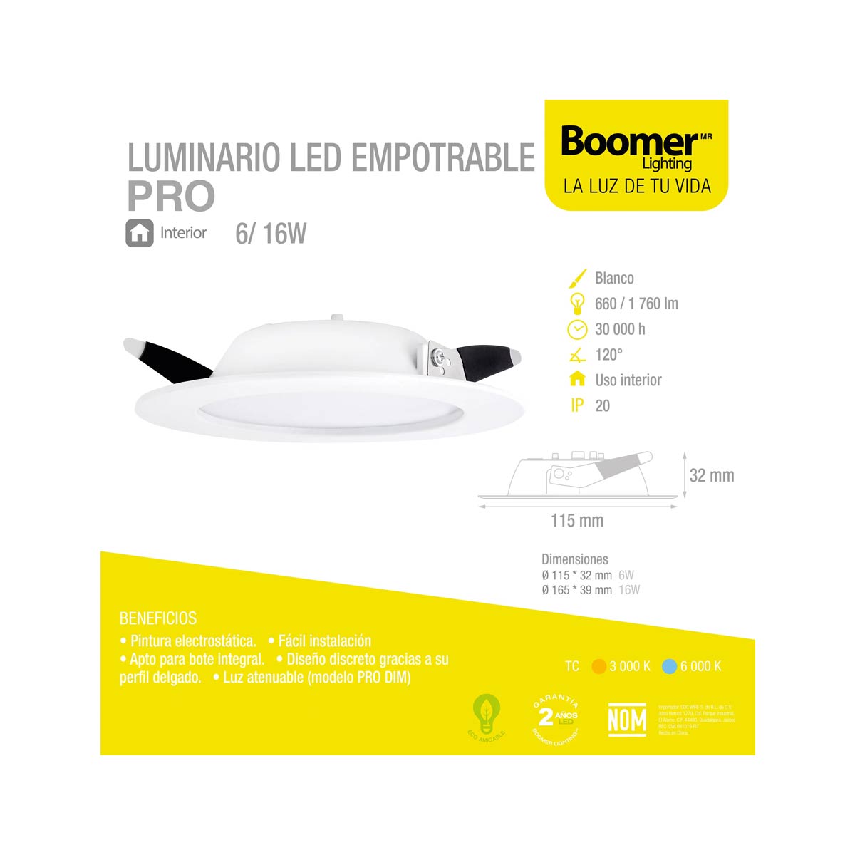 luminario led empotrable pro blanco 6w 6500k boomer ficha tecnica
