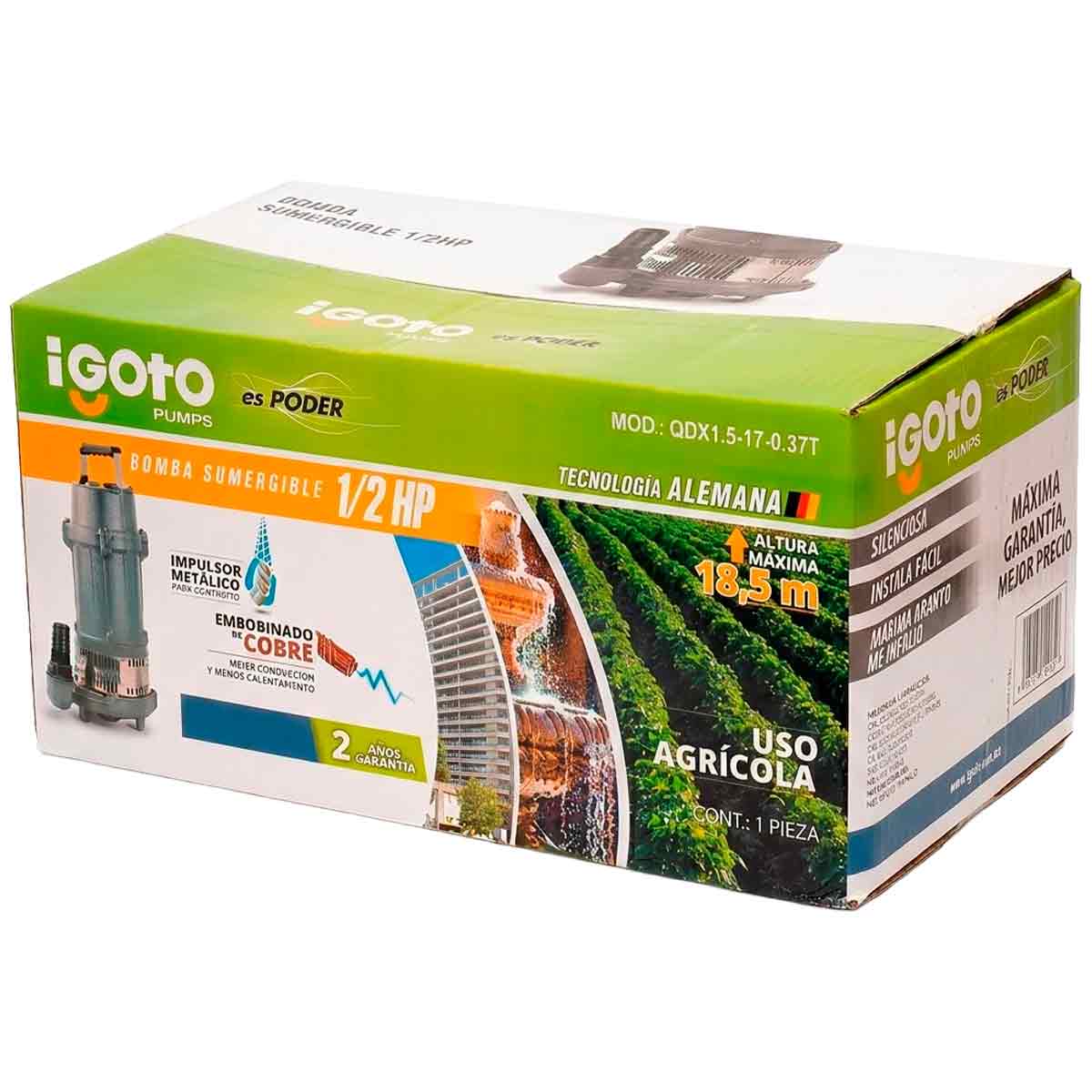 Bomba De Agua Sumergible 1/2 HP 370W 127V Embobinado De Cobre Igoto