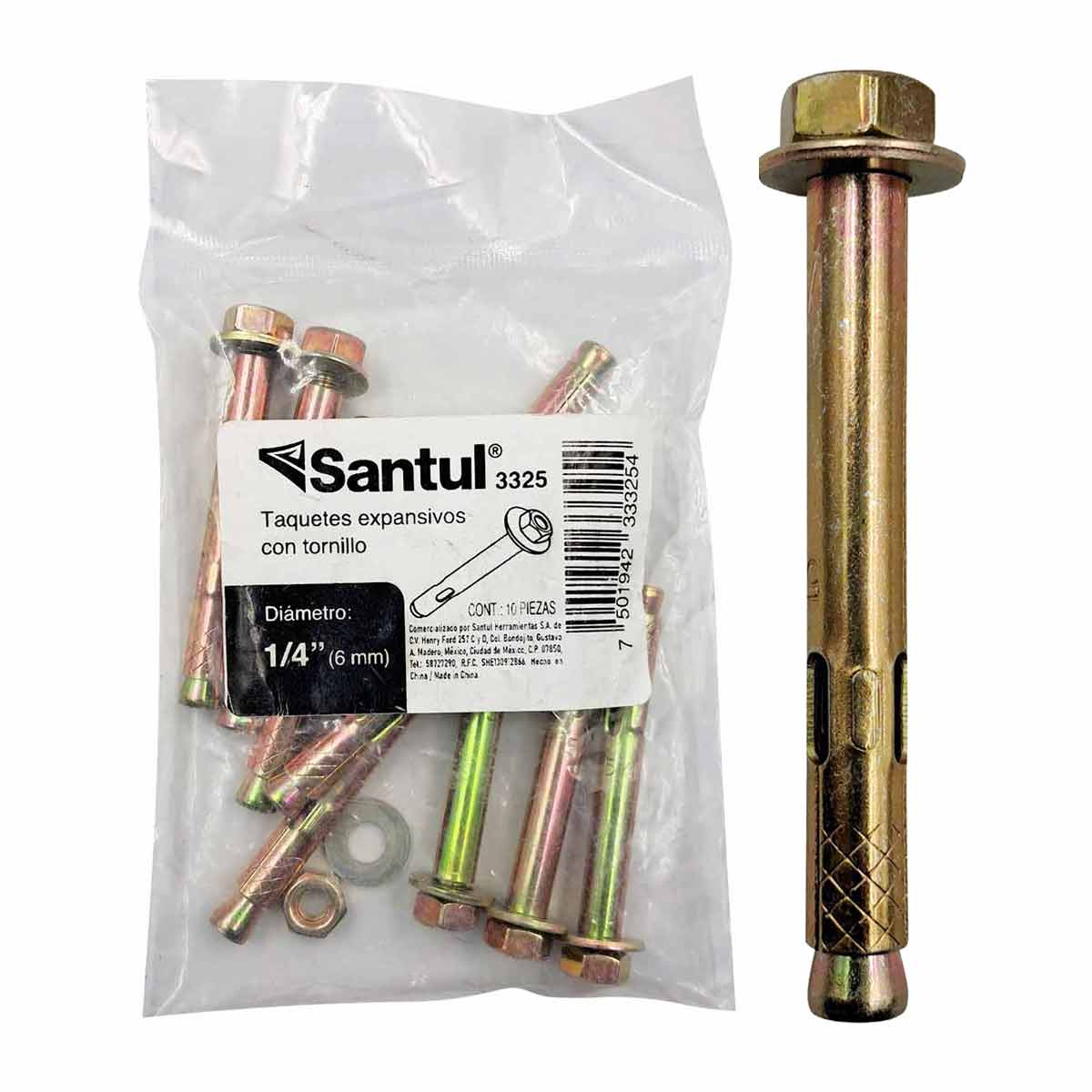 Bolsa Con 10 Pzs Taquete Expansivo C/ Tornillo 1/4Pulg Acero