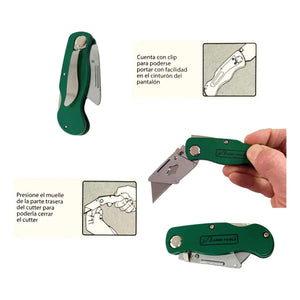Cutter Navaja Plegable Mango De Aluminio Con Clip Verde