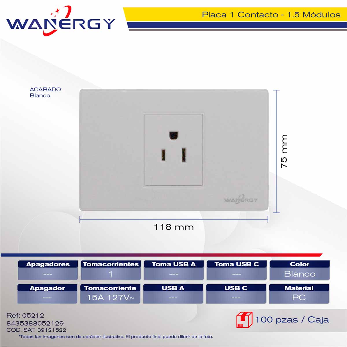Placa Armada Con 1 Contacto De 1.5 Modulos Blanco WANERGY Ferreabasto