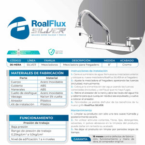 Mezcladora Para Fregadero 8" Cuello Acero Inoxidable Con Cubierta Y Manerales ABS Roalflux