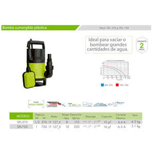 Bomba Sumergible Plastica 1 Hp 750 W Cisterna Igoto IGOTO BOMBAS Ferreabasto