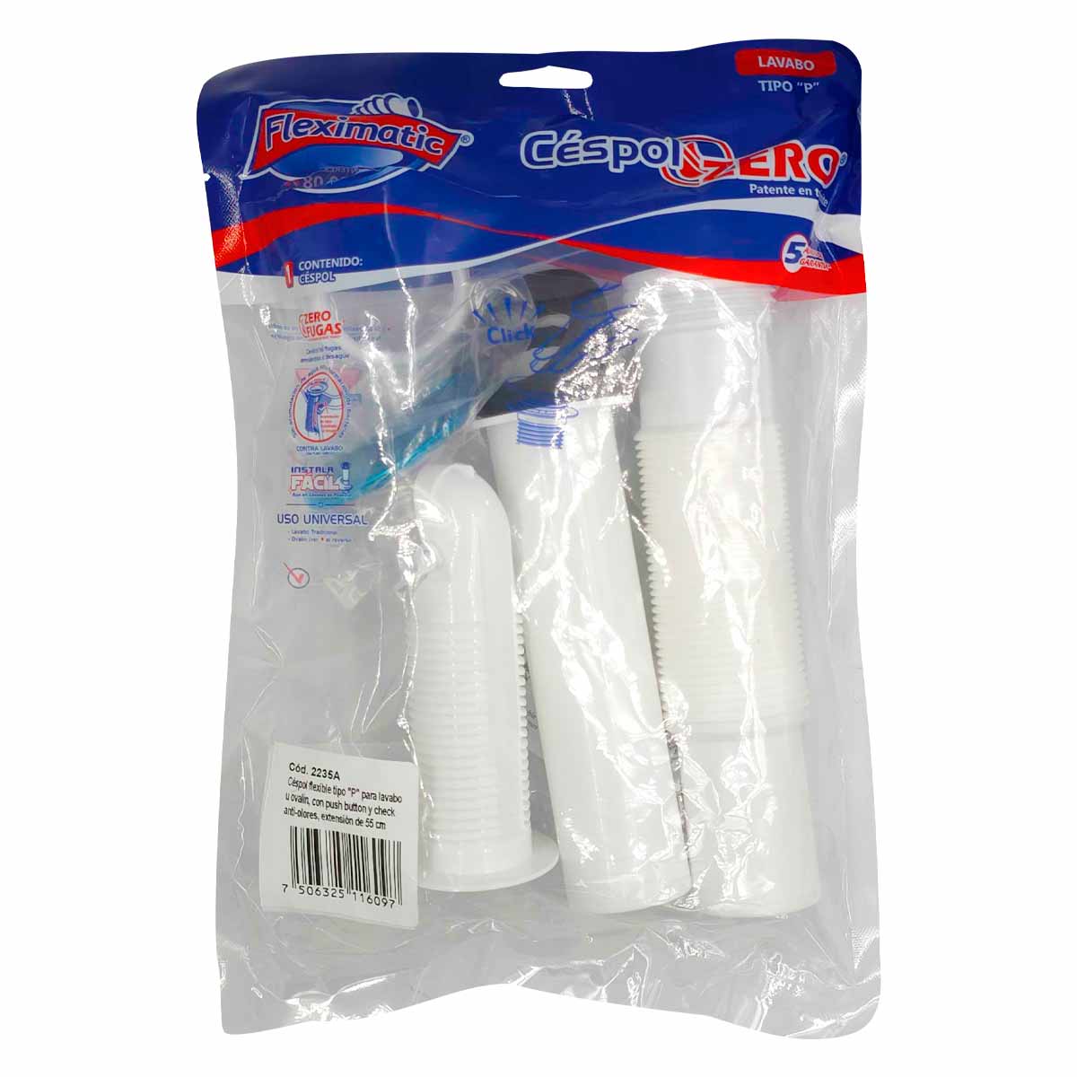 Cespol Flexible Para Lavabo Tipo P C/ Boton Push Ext 55cm