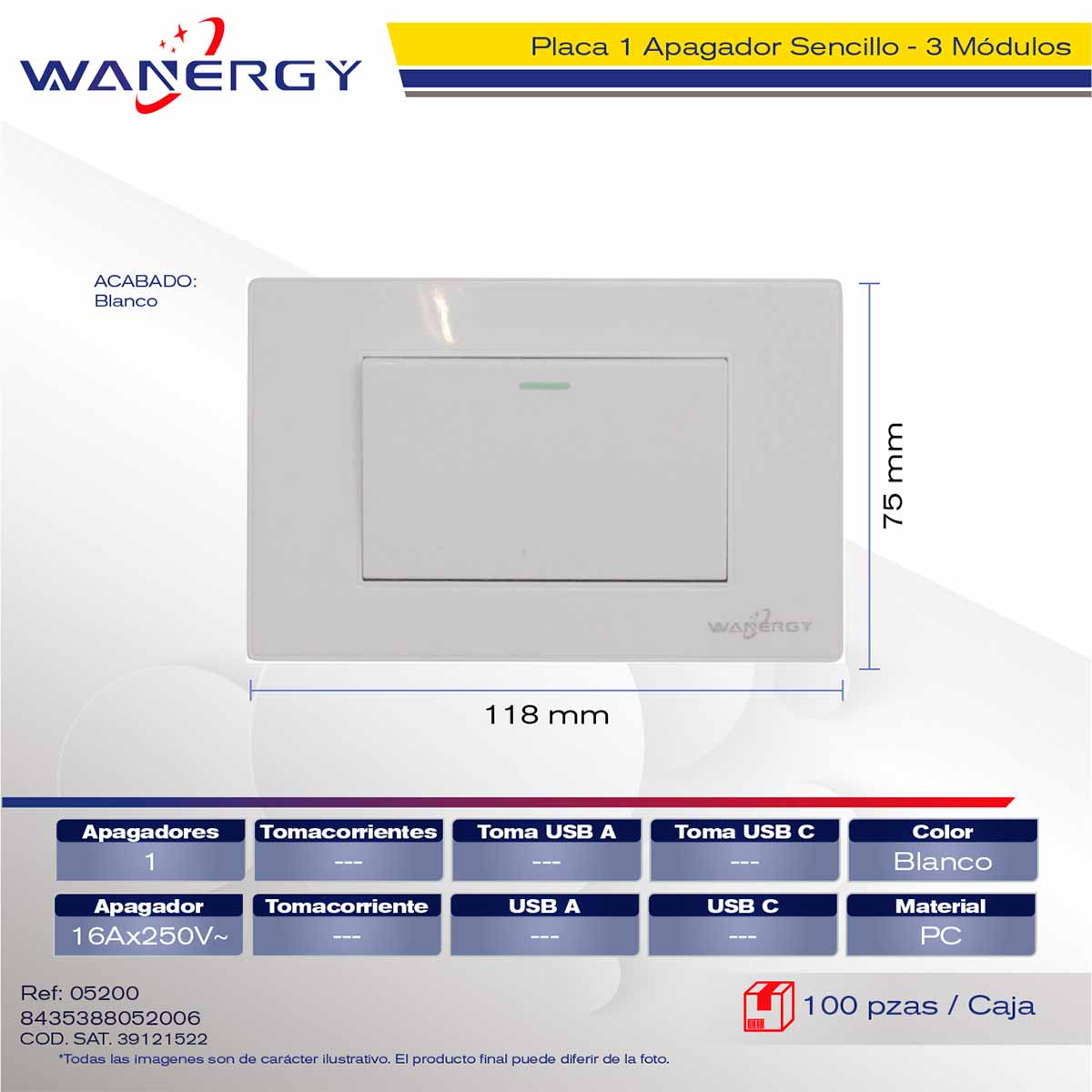 Placa Armada Con 1 Apagador Sencillo De 3 Modulos Blanco WANERGY Ferreabasto