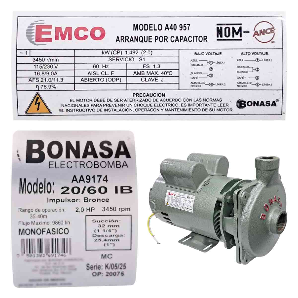 Bomba Agua Centrifuga Impulsor De Bronce 2Hp 20/60 IB Bonasa