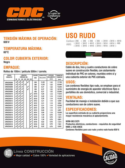 Cable Uso Rudo St 2x8awg Negro 100% Cobre 600V Nom 100M Cdc CDC Ferreabasto