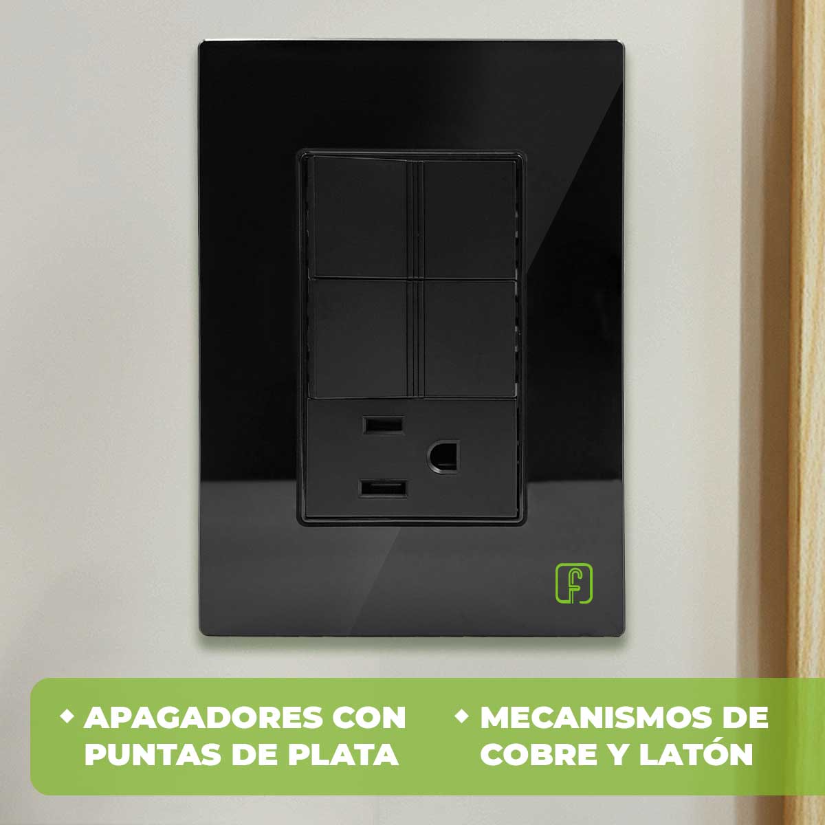 Placa Armada Cristal Con 2 Apagadores Sencillos Y 1 Contacto de 1 Modulo Negro Igoto IGOTO Ferreabasto