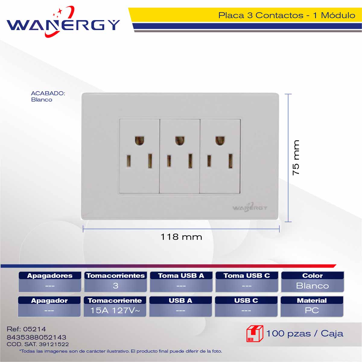 Placa Armada Con 3 Contactos De 1 Modulo Blanco WANERGY Ferreabasto