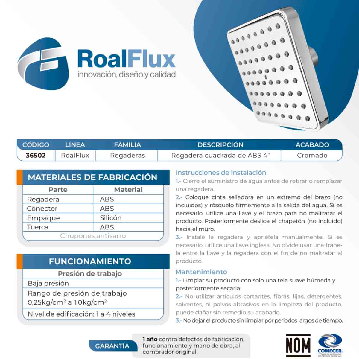 Regadera Cuadrada De ABS 4 Pulgadas Acabado Cromo Roalflux