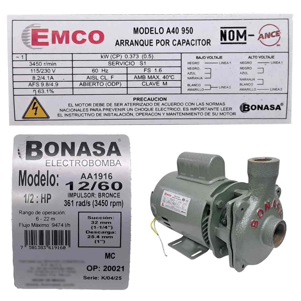 Bomba Centrifuga 1/2 HP 1 1/4 X 1 Pulg Monofásica 12/60 IB