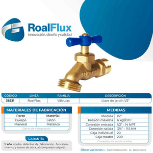 Llave Nariz 1/2 Latón Para Manguera Jardin Roalflux
