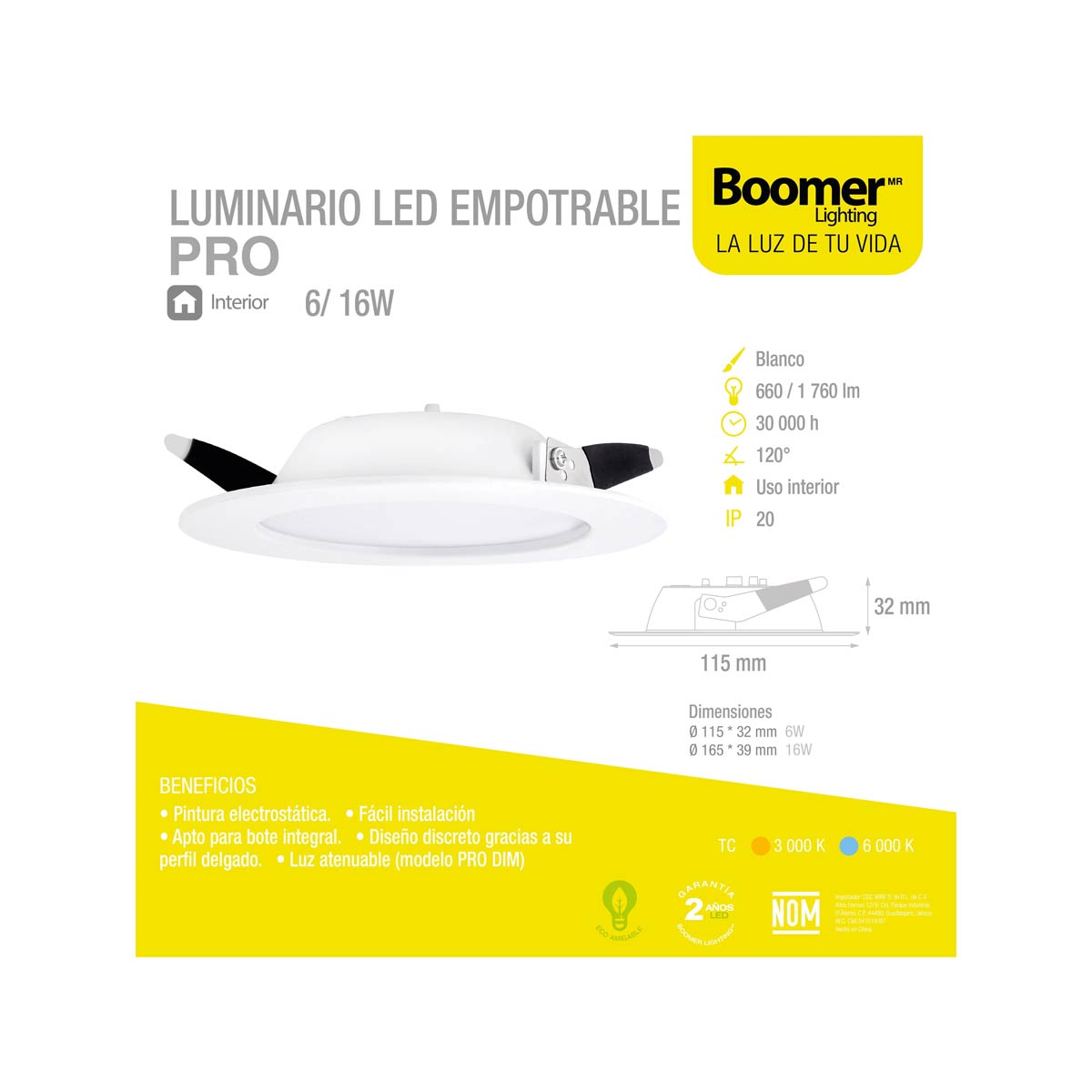 luminario led empotrable pro 6w blanco 3000k ficha tecnica