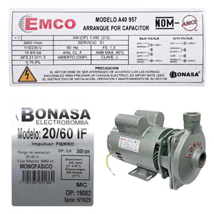 Bomba Agua Centrifuga Impulsor De Fierro 2Hp 20/60 IF Bonasa
