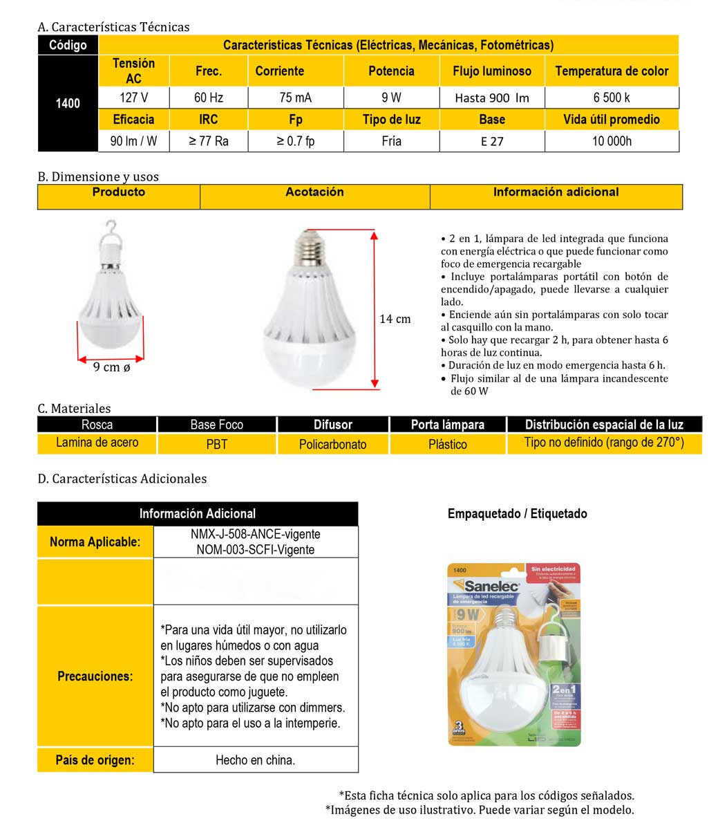 Foco Led Recargable De Emergencia 9W 900Lm 6Hrs Santul 1400 SANTUL Ferreabasto