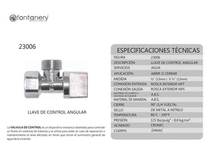 Llave Control Angular Metalica  Roscable 1/2"  1/4  Vuelta  Fontanery FONTANERY Ferreabasto