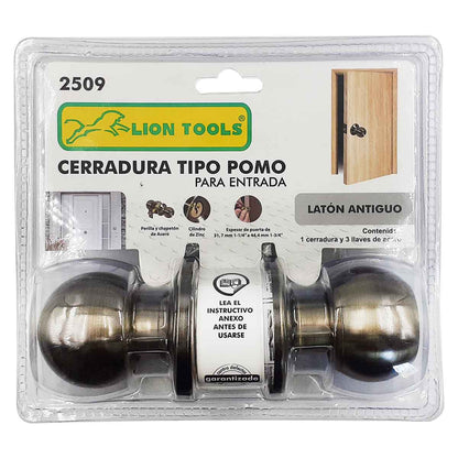 Cerradura Tipo Pomo Para Entrada Lion Tools 2509 Acabado Laton Antiguo LION TOOLS Ferreabasto