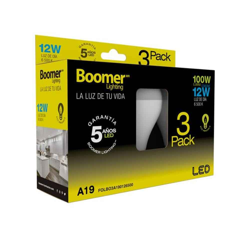 3 Pack Foco Led Boomer 12W=100w 1200 lm Luz Dia A19 6500K BOOMER Ferreabasto