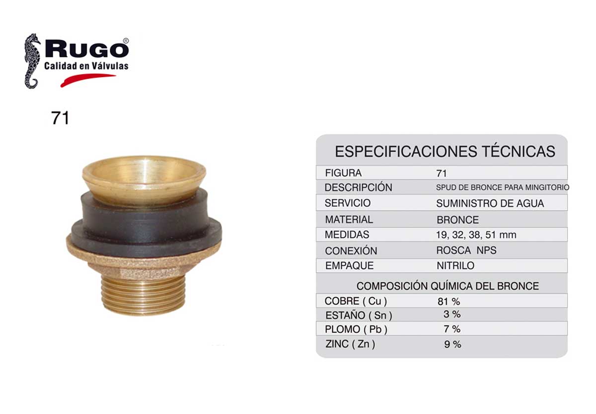 Spud De Bronce 1 1/2 Con Empaque Rugo 7138 Para Mingitorio RUGO Ferreabasto