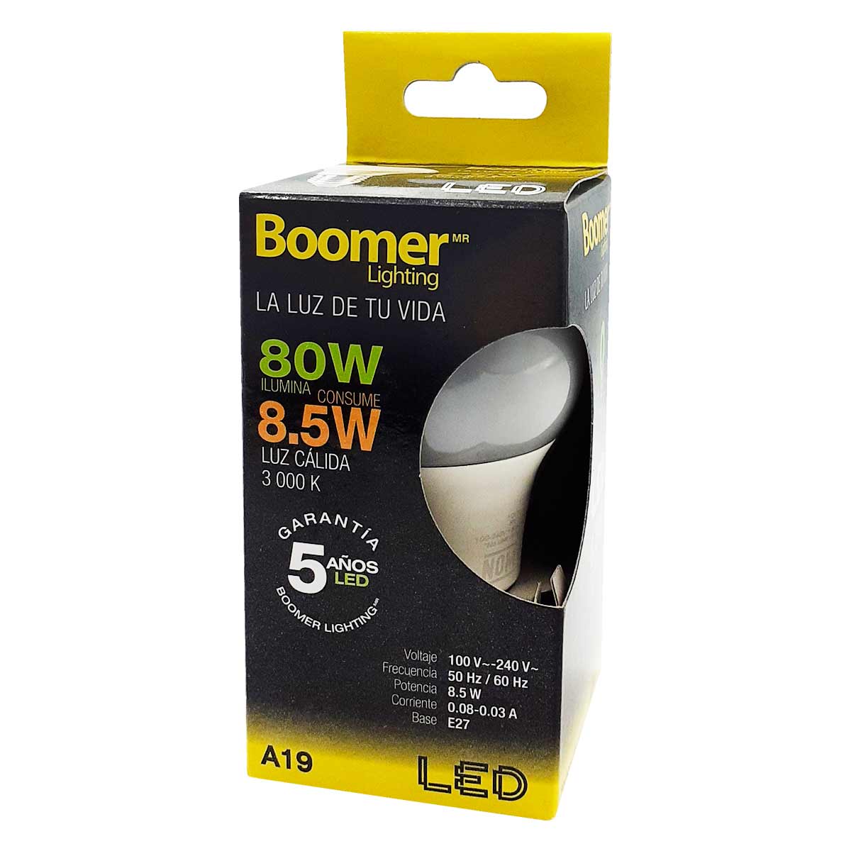Foco Led A19 Boomer 8.5W High Lumen (100 lumen x watt) Luz Cálida 3000K - Ferreabasto