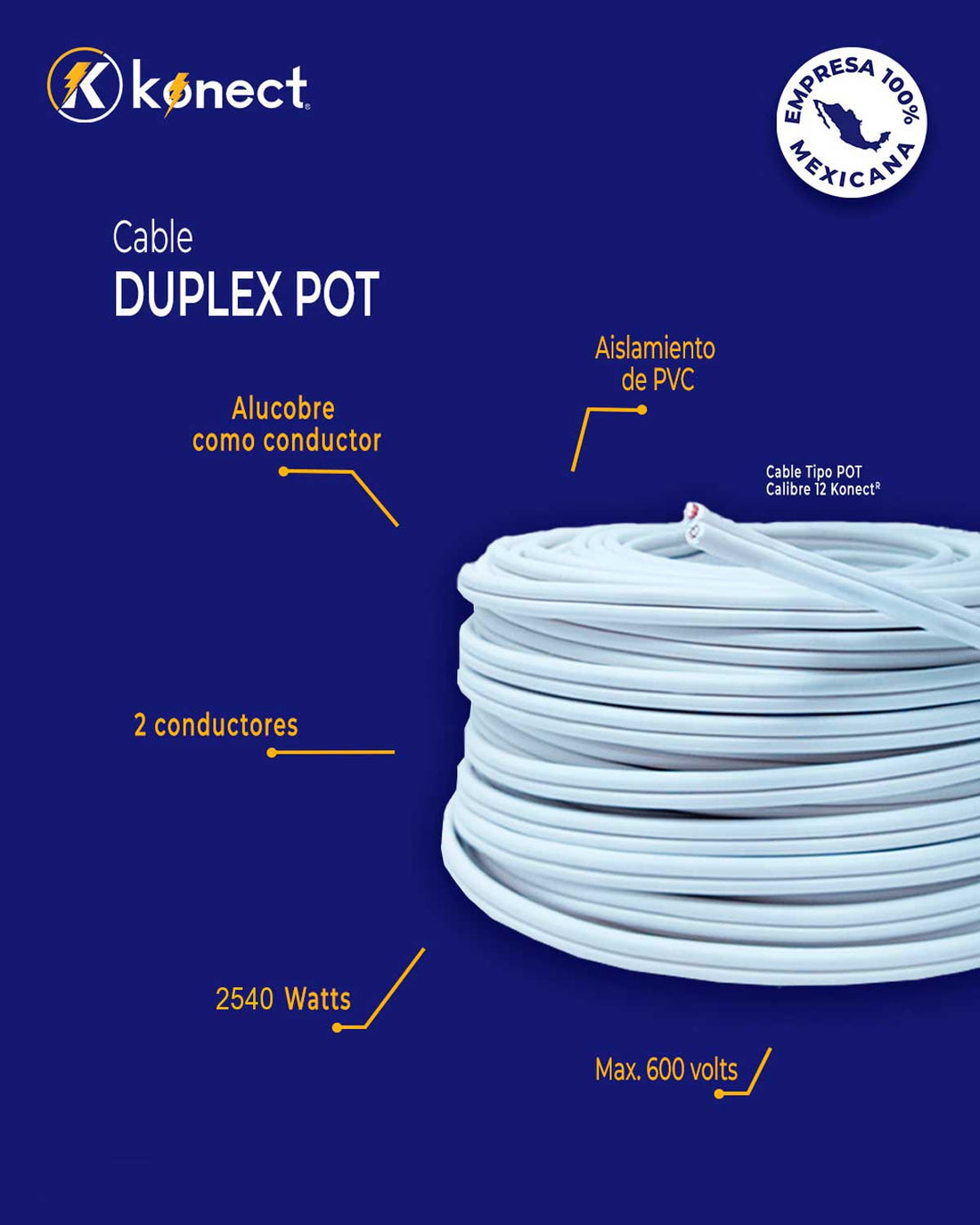 Cable Electrico Pot Duplex Calibre 12 Blanco 50m Cca Konect KONECT Ferreabasto